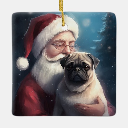 Pug met Sinterklaas Feestelijke Kerstmis Keramisch Ornament (Voorkant)