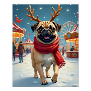 Pug op de Winter Fairgrounds Kerstschilderij Perfect Poster