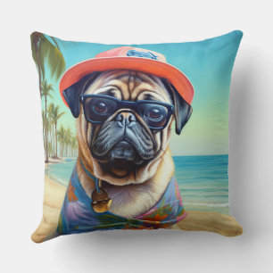 Pug op het strand, zomer cadeau voor hondenliefheb kussen