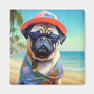 Pug op het strand, zomer cadeau voor hondenliefheb magneet