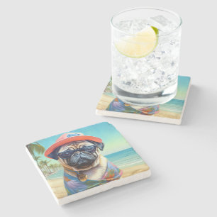 Pug op het strand, zomer cadeau voor hondenliefheb stenen onderzetter