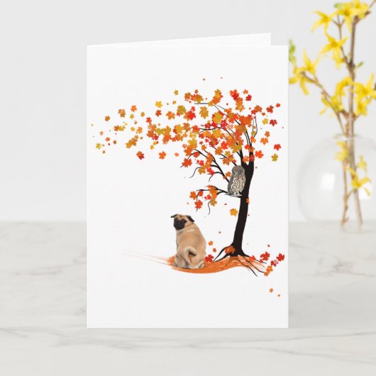 Pug Owl and Herfst Tree Pug Owner Funny Pug Autumn Kaart (Gele Bloem)