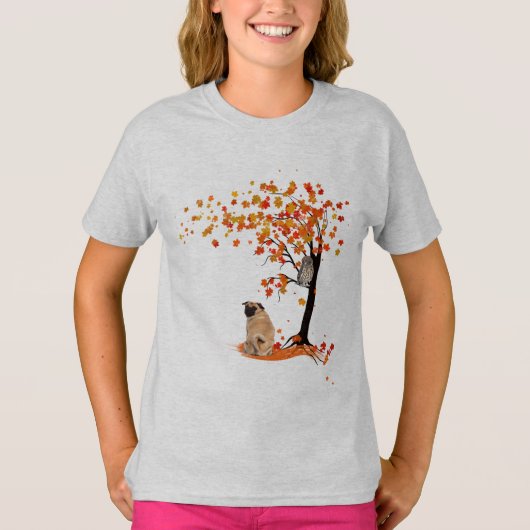 Pug Owl and Herfst Tree Pug Owner Funny Pug Autumn T-shirt (Voorkant)