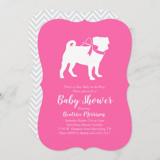 Pug Party Hond Baby shower Puppy Roze Meisje Kaart (Voorkant / Achterkant)