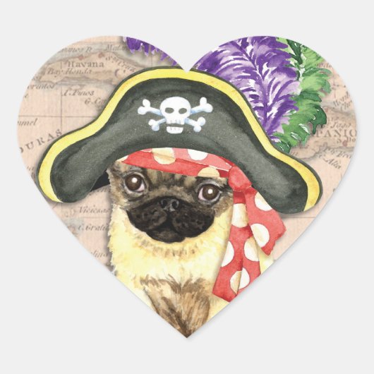 Pug Pirate Hart Sticker (Voorkant)