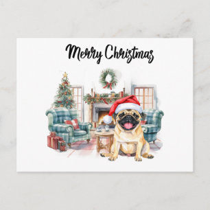 Pug Prettig Kerstmis aquarel Briefkaart