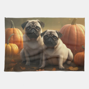 Pug Puppies Herfstpracht Pompoen Theedoek