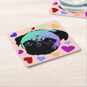 Pug Puppies Hond PopArt Retro Stijl Vierkante Kartonnen Onderzetter