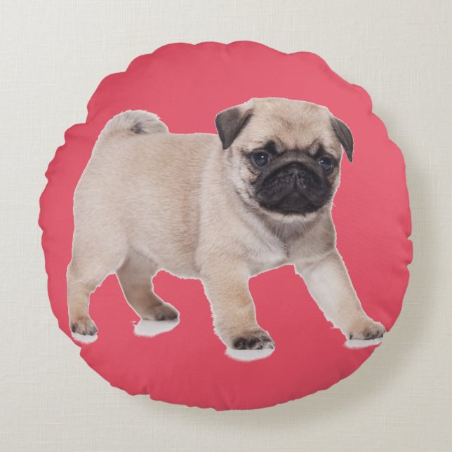 Pug Puppy Dog Round Throw Cushion Rond Kussen (Voorkant)