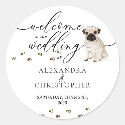 Pug puppy Dog Wedding Welcome Ronde Sticker (Voorkant)