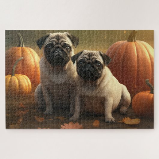 Pug Puppy Herfst Delight Pompoen Legpuzzel (Horizontaal)