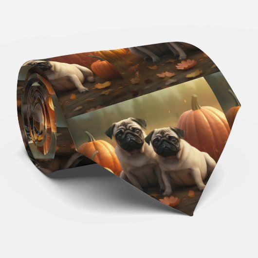 Pug Puppy Herfst Delight Pompoen Stropdas (Opgerold)