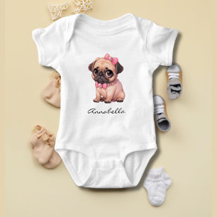 Pug Puppy met roze strik illustratie aangepaste na Romper