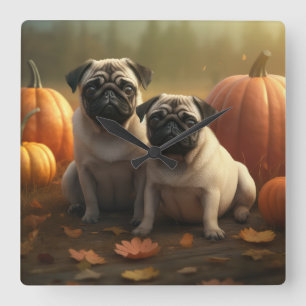Pug Puppyprachtige Herfst Pompompje Vierkante Klok