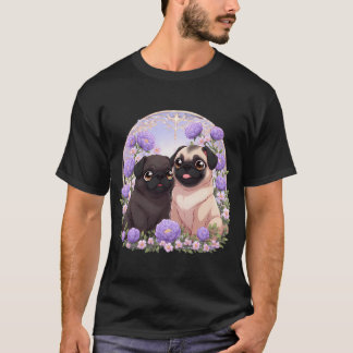 Pug-puppy's tussen pioenrozen t-shirt