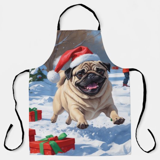 Pug Rent in de Sneeuw met Kerstmuts Schort (Voorkant)