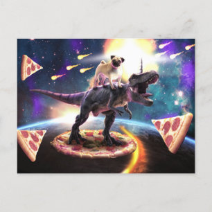 Pug riding dinosaur unicorn in de ruimte briefkaart
