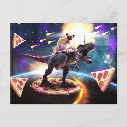 Pug riding dinosaur unicorn in de ruimte briefkaart (Voorkant)