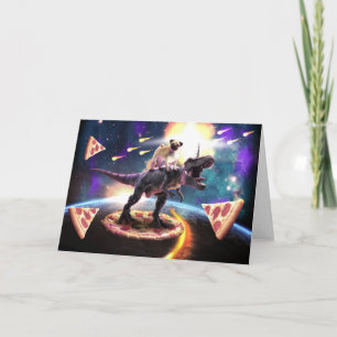 Pug riding dinosaur unicorn in de ruimte kaart