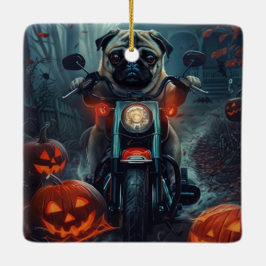 Pug Rijden Motorfiets Halloween eng Keramisch Ornament (Achterkant)