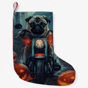 Pug Rijdende Motorfiets Halloween Griezelen Kleine Kerstsok