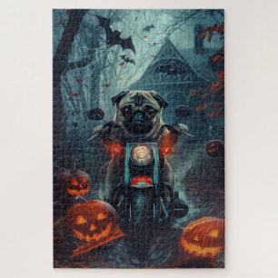 Pug Rijdende Motorfiets Halloween Griezelen Legpuzzel