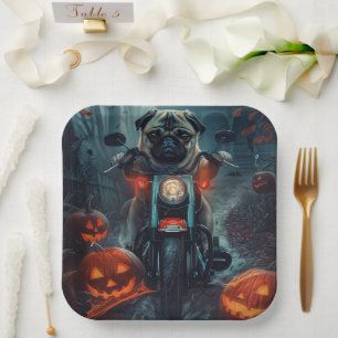 Pug rijdt op motor Halloween eng Papieren Bordje
