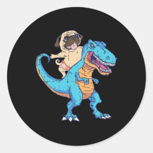 Pug rijdt op T-rex surfende dinosaurus Funny hond Ronde Sticker