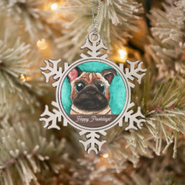 Pug Schattigee Waterverf, Huisdier, Sneeuwvlok Orn Tin Sneeuwvlok Ornament