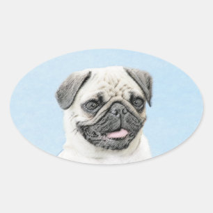 Pug schilderen - Kute Original Dog Art Ovale Sticker