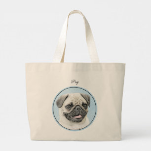 Pug Schilderij Fawn Zilver Schattige Originele Pet Grote Tote Bag