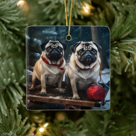 Pug Snowy Sleigh Kerstmisdecor Keramisch Ornament (Boom)