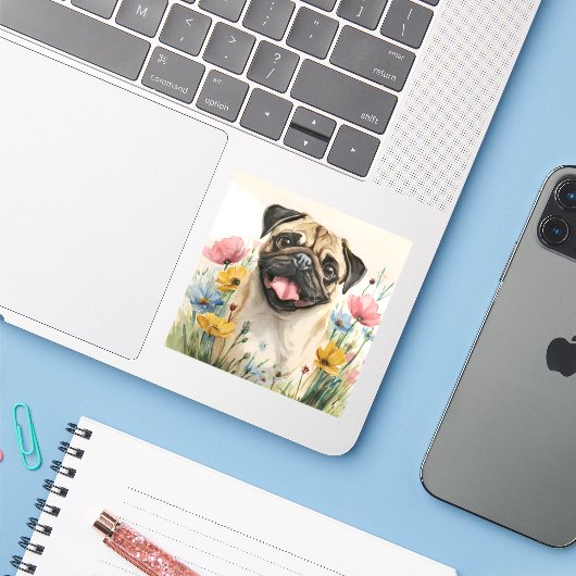 Pug Sticker – Watercolor (Ordinateur portable avec iPhone)