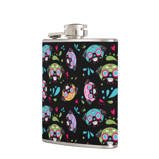Pug Sugar Skull Pattern op Black Heupfles (Links)