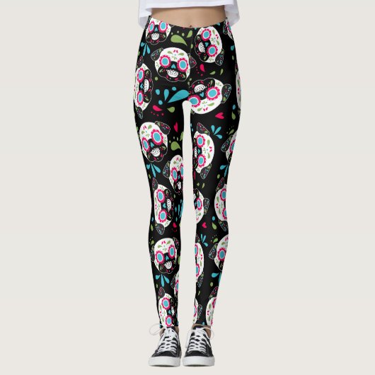 Pug Sugar Skull Pattern op Black Leggings (Voorkant)