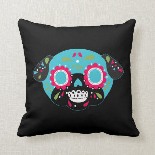 Pug Sugar Skull Turquoise Front Multicolor Pattern Kussen
