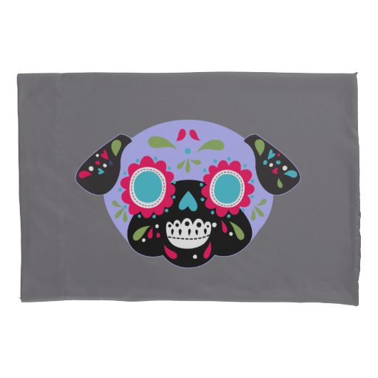 Pug Sugar Skulls Pillowcase Set Paars en Blue Kussensloop (Voorkant-Links)