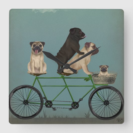 Pug Tandem Vierkante Klok (Voorkant)