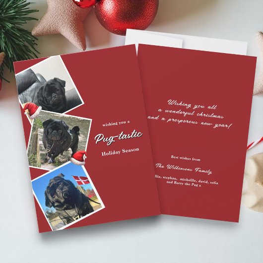 Pug-Tastic Holiday Drie foto Kerstkaart Kaart