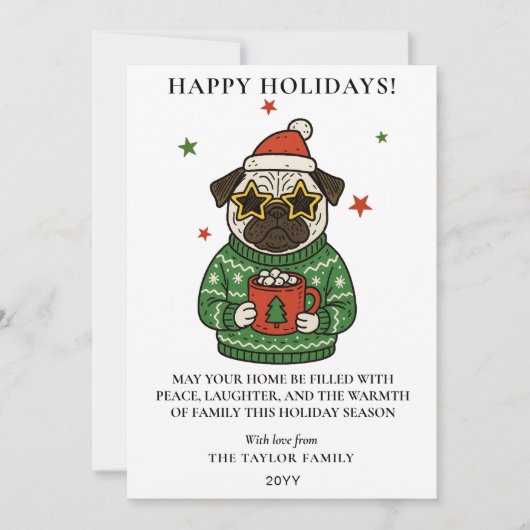 Pug Ugly Sweater Christmas Hot Cocoa Marshmallow Feestdagenkaart (Voorkant)