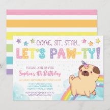 Pug Unicorn Birthday Invitation Pug Birthday