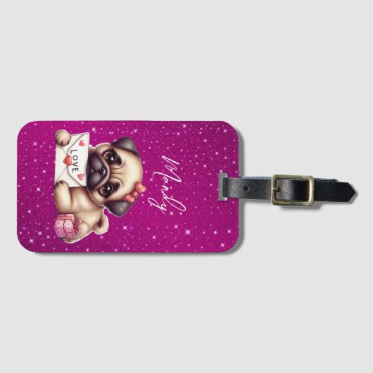 Pug Valentijnsdag Gepersonaliseerde Pug Puppy Lief Bagagelabel (Voorkant (horizontaal))