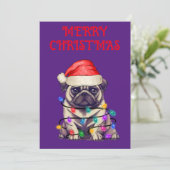 "PUG VERPAKT IN KERSTVERLICHTING" KAART (Staand voorkant)