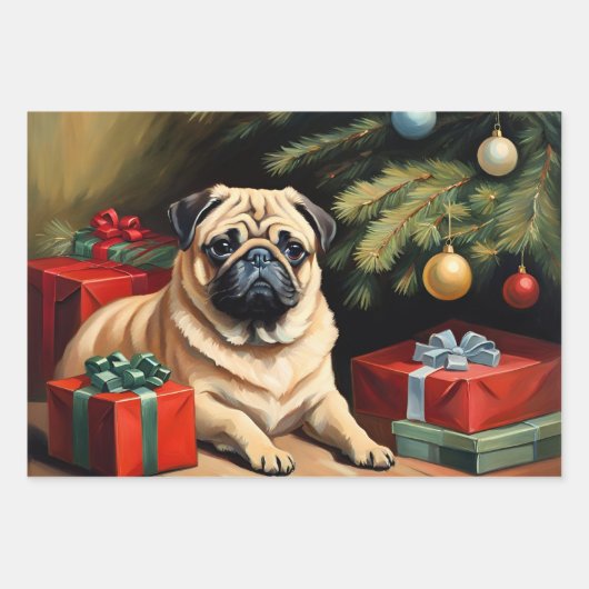 Pug viert Kerstmis Inpakpapier Vel (Voorkant)