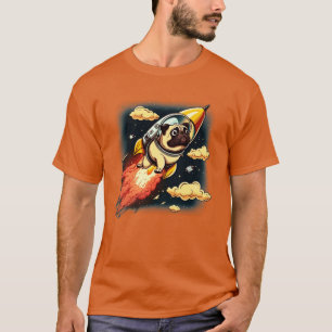 pug vliegt de ruimte in met een raket t-shirt