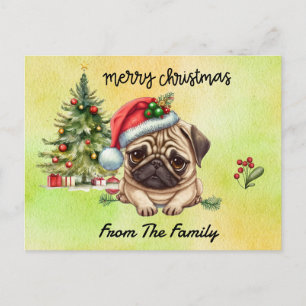 Pug vrolijk kerstfeest aquarel briefkaart