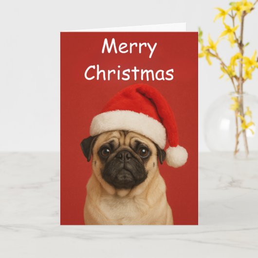 Pug with a Santa hat Custom Christmas Greeting Kaart (Gele Bloem)