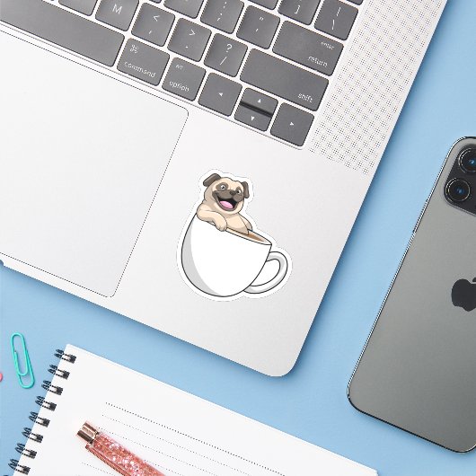 Pug with Cup of Coffee Sticker (Laptop met iPhone)