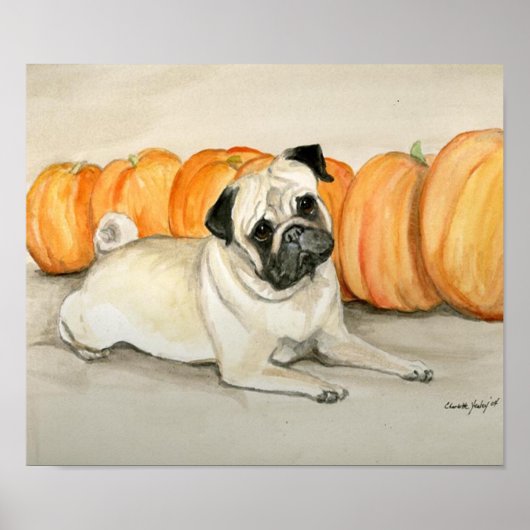 "Pug with Pumpkins" Dog Art Print (Voorkant)