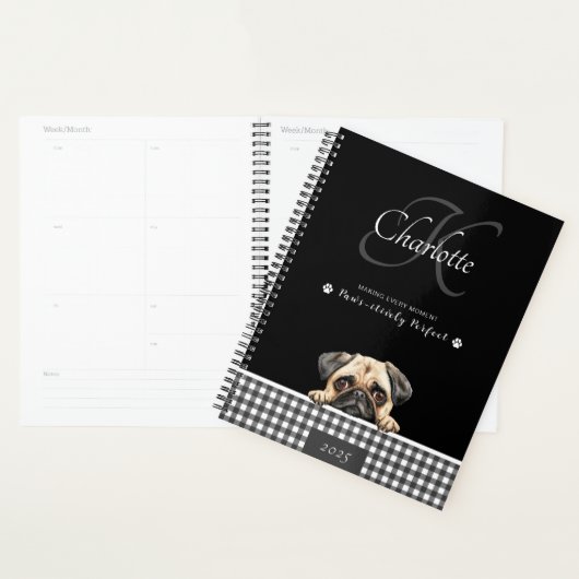 Pug Zwart Wit Plakken Aangepaste Naam Monogram Planner (Display)